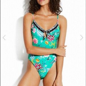 NWT SEAFOLLY US-8 AUS-12 tie front one-piece swimsuit tank maillot $152 green